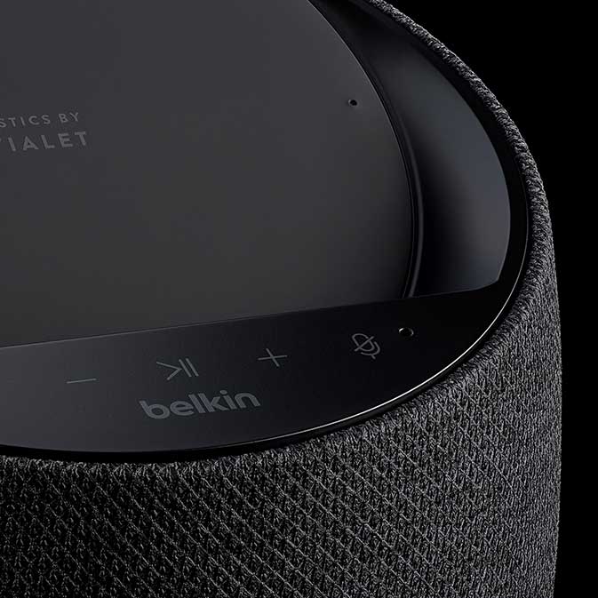 Belkin's SoundForm Elite Hi-Fi Smart Speaker and Wireless Charger in black wiht a smartphone docked