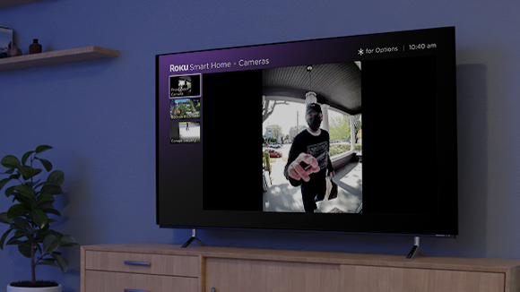 Roku's Doorbell Pro can pop up on a Roku TV to show who's at the door—in this case, the takeout delivery.