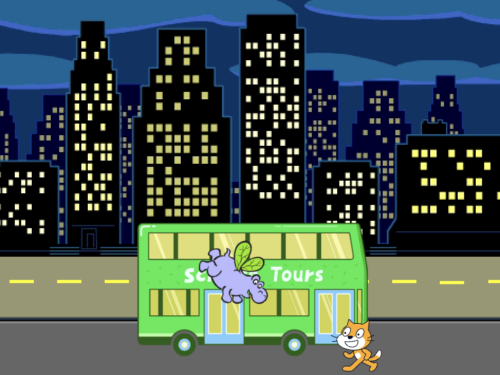 A bus drives along a cityscape at night. Scratch cat is faced towards the bus. A hippo with wings flies alongside the bus and towards Scratch cat.