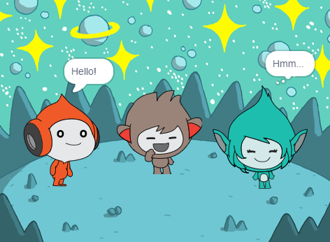 Three alien characters stood still on a planet. One alien has a speech bubble that says, "Hello!". Another has a thinking bubble that reads, "Hmm...".