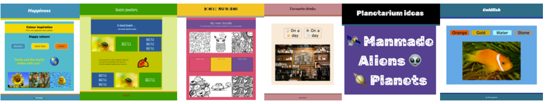 Six webpages, each with a unique design and based on a topic important to the creator.