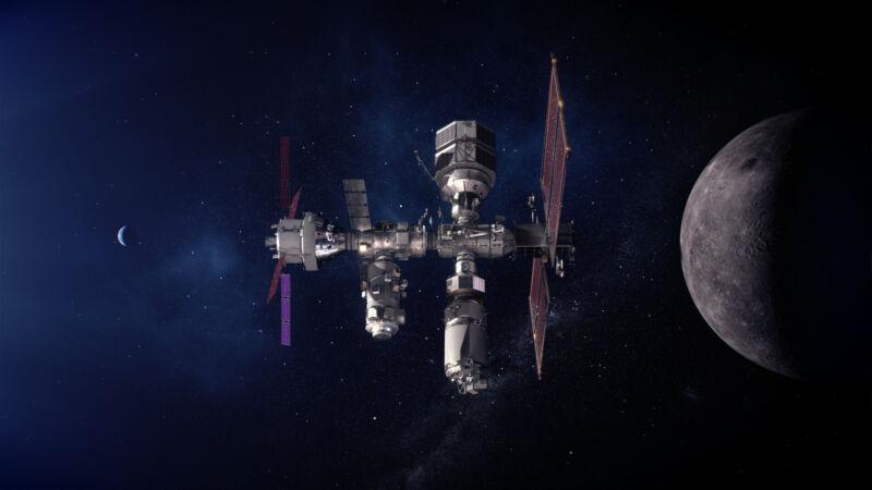 An artist's concept of the Lunar Gateway that includes elements from international partners.