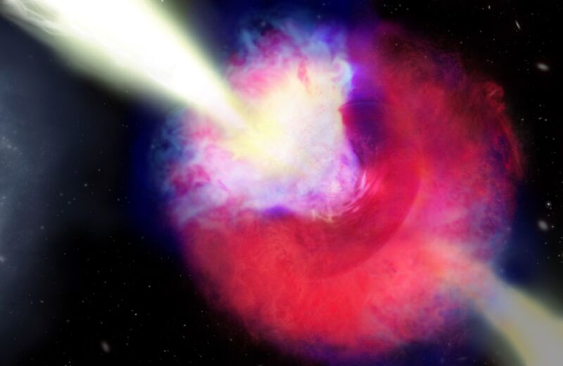 Artist’s impression of GRB 211211A. The kilonova and gamma-ray burst is on the right.
