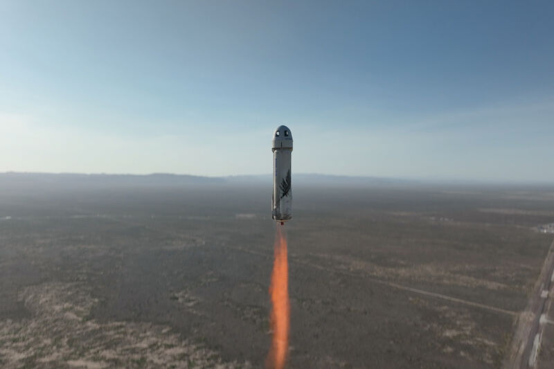 The New Shepard rocket and spacecraft are seen during the NS-22 mission in August 2022.