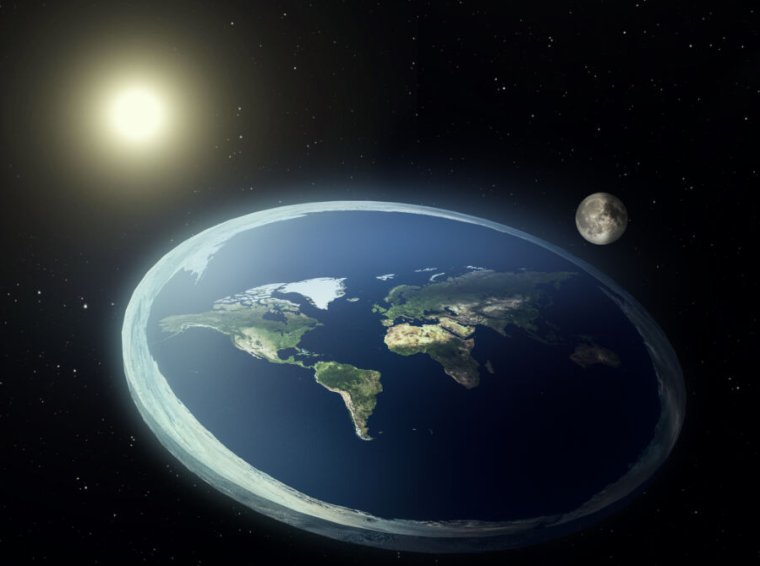 Image of a flat earth with the Sun in the background.