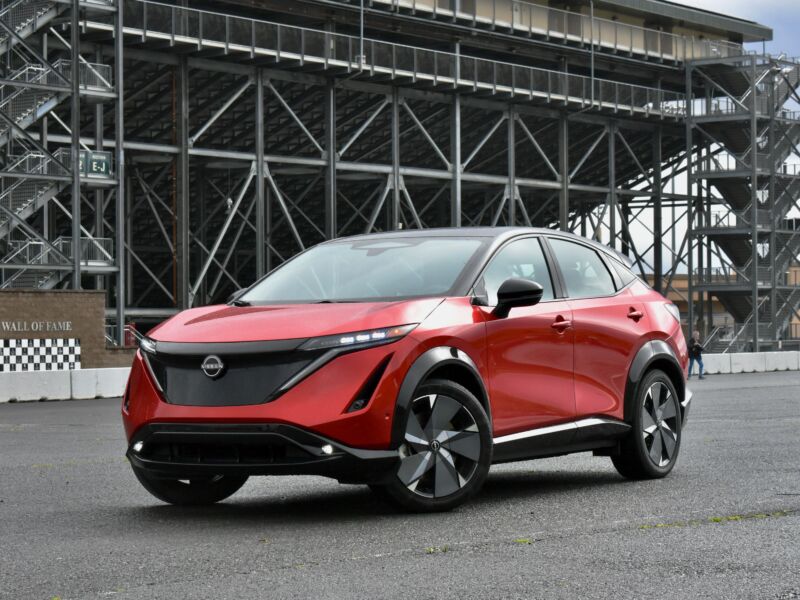 A red Nissan Ariya