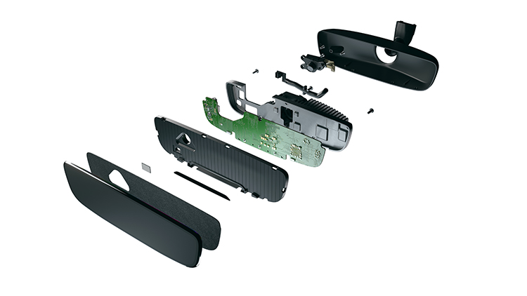 An exploded view of the Magna driver monitoring system mirror
