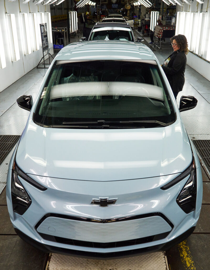 A Chevrolet Bolt on the assembly line