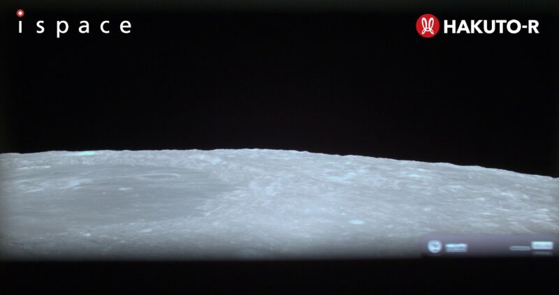 A photo of the Moon taken by the ispace lander's on-board camera from an altitude of about 100 km above the lunar surface.