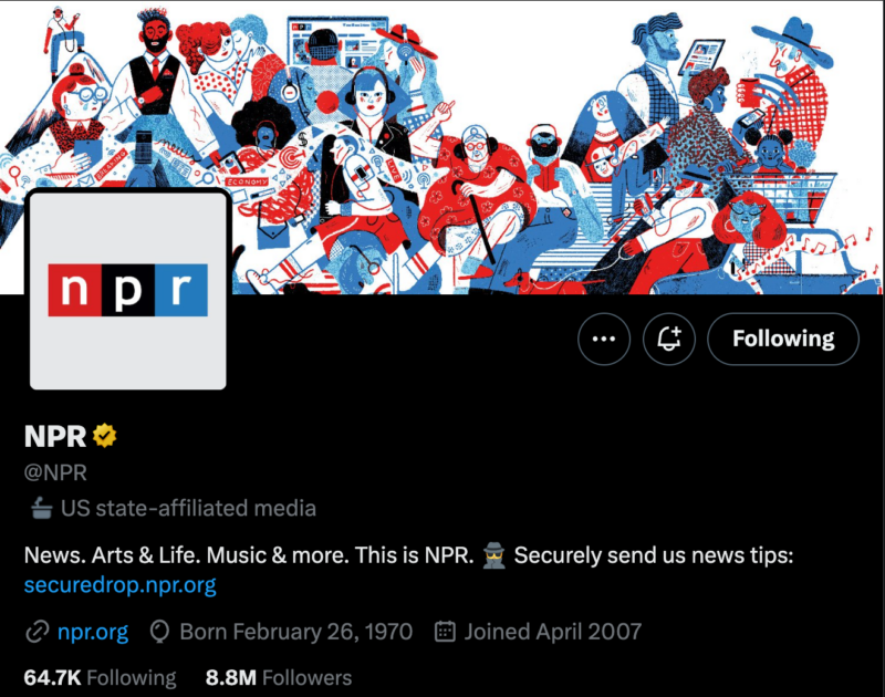Screenshot of NPR's Twitter account with the label designating it as