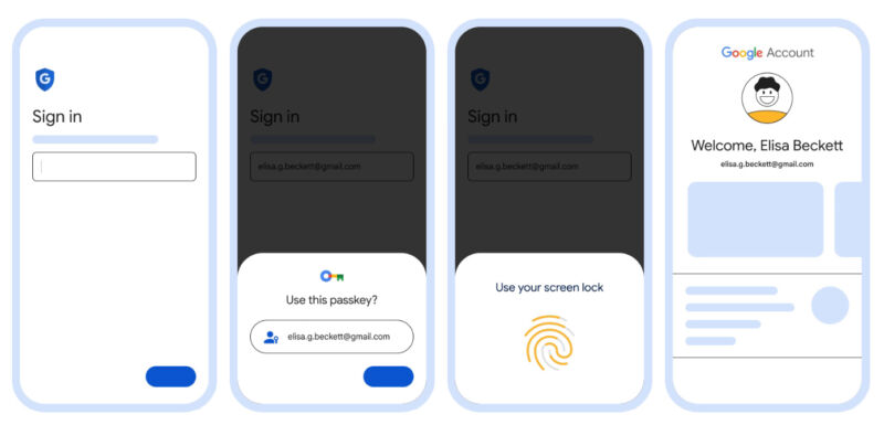 Google says the login flow will go something like this, from left to right: type in your username, pick a passkey, scan a finger. Hopefully your device has biometrics.