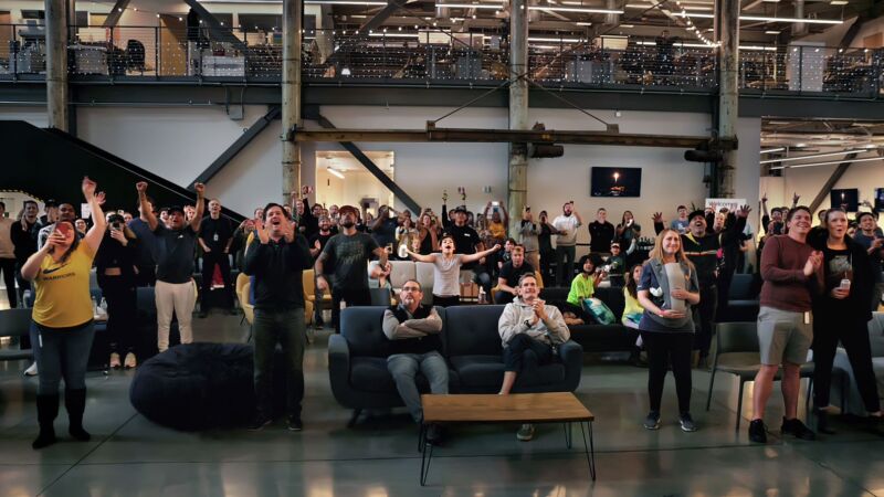 Employees at Astranis' headquarters in San Francisco react to deployment of the Arcturus satellite this month.