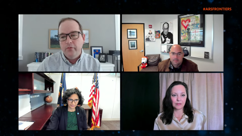 Eric Berger (upper left) moderated a panel featuring (clockwise) Alex Fielding, Charity Weeden, and Bhavya Lal on the topic of satellites and low-Earth orbit.