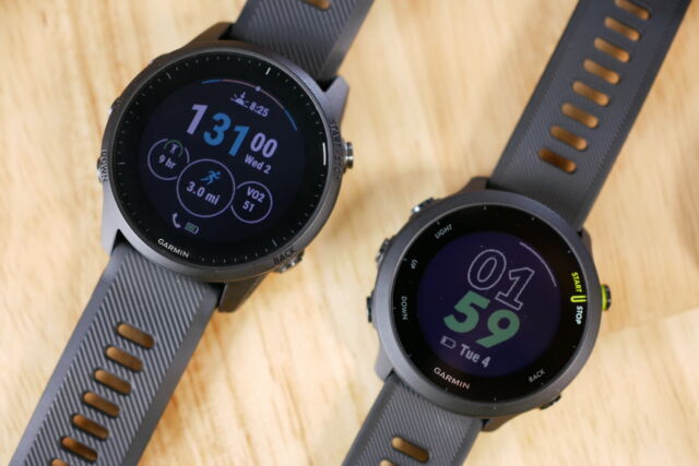 The Forerunner 945 LTE (left) doesn't need your phone to contact emergency services or share your routes with contacts, though the Forerunner 55 (right) can do the former with a phone nearby.