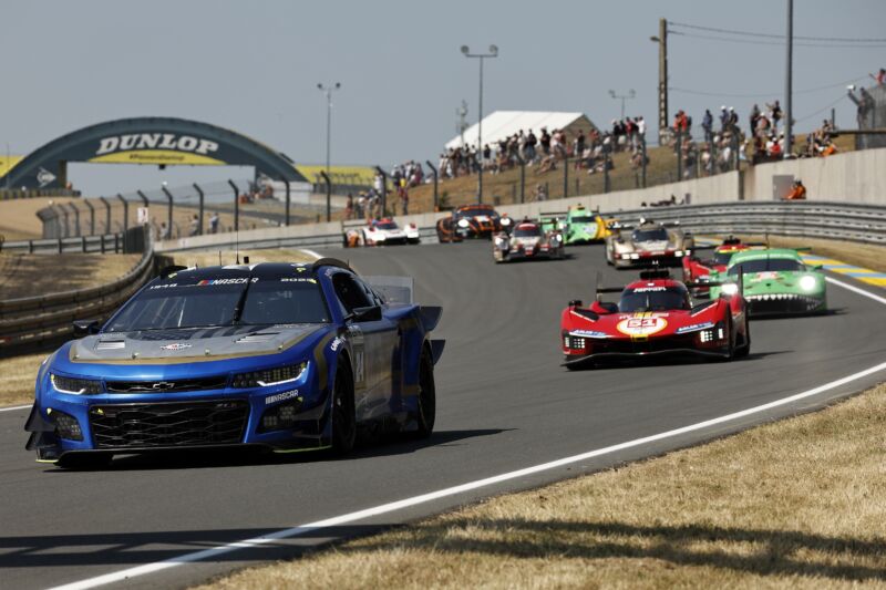 The #24 NASCAR Next Gen Chevrolet ZL1 driven by Jimmie Johnson, Jenson Button and Mike Rockenfeller is seen during practice for the 100th anniversary of the 24 Hours of Le Mans at the Circuit de la Sarthe June 7, 2023 in Le Mans, France.