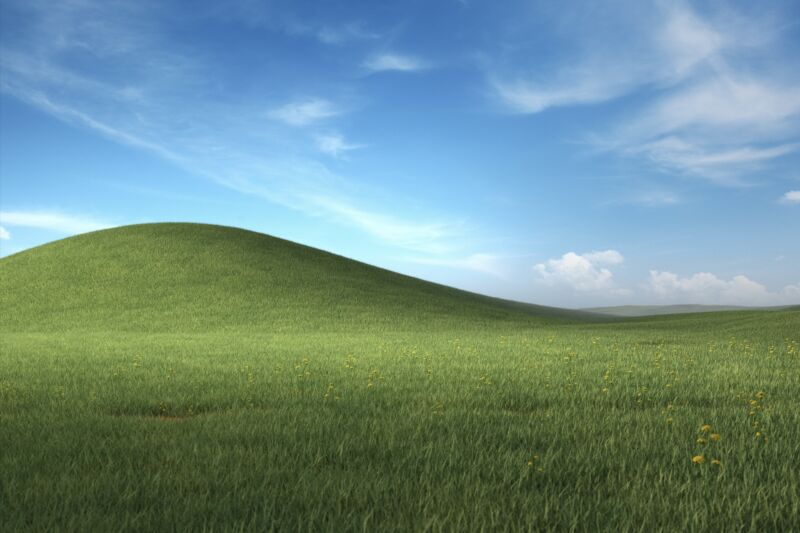 A high-res rendered hill inspired by Windows XP's familiar "Bliss" wallpaper (visit Microsoft's site to get it at full resolution.)