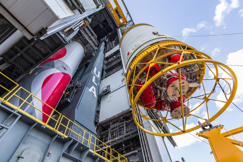 The Centaur V upper stage for the first Vulcan test flight was originally lifted atop its booster at Cape Canaveral in February.