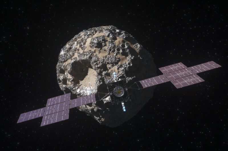 Artist's illustration of NASA's Psyche spacecraft, now set to launch in October 2023. The Psyche mission will explore a metal-rich asteroid of the same name that lies in the main asteroid belt between Mars and Jupiter.
