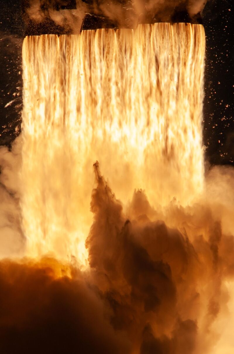 The business end of the Falcon Heavy rocket launches the Psyche mission.