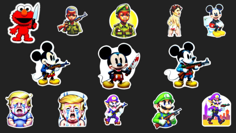 A selection of AI-generated stickers created in Facebook Messenger and shared on social media site X.