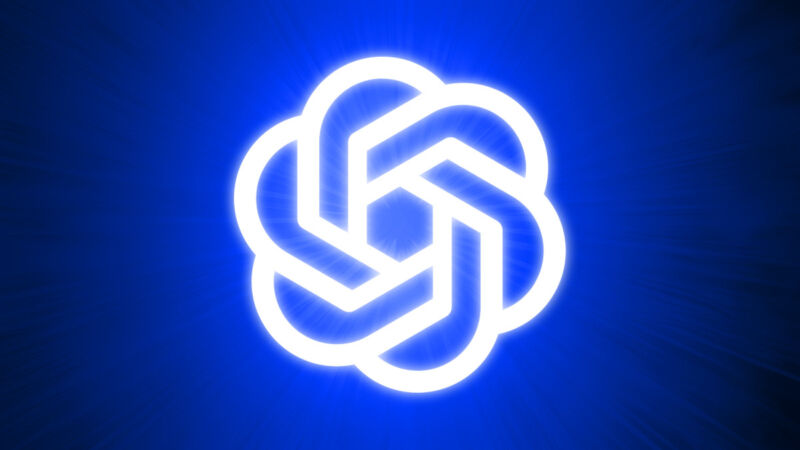 A glowing OpenAI logo on a blue background.