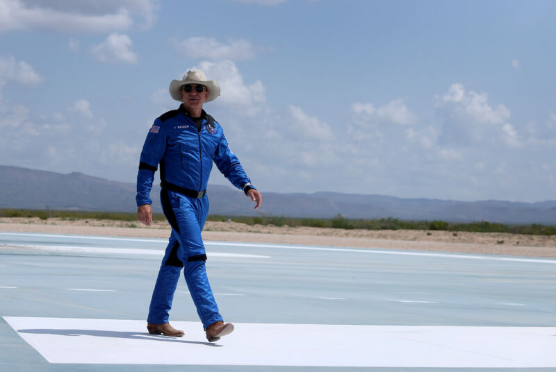 Jeff Bezos walks near Blue Origin’s New Shepard after flying into space on July 20, 2021 in Van Horn, Texas.