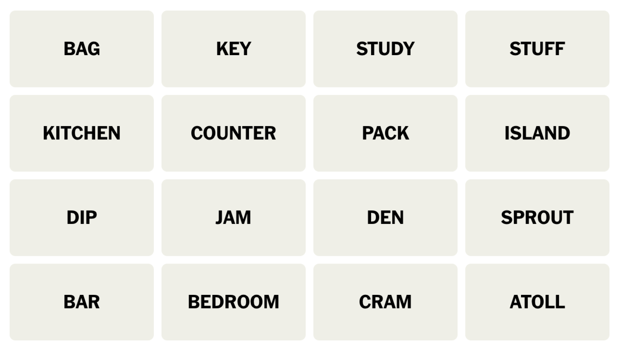NYT Connections board for November 28, 2023: BAG, KEY, STUDY, STUFF, KITCHEN, COUNTER, PACK, ISLAND, DIP, JAM, DEN, SPROUT, BAR, BEDROOM, CRAM, ATOLL.