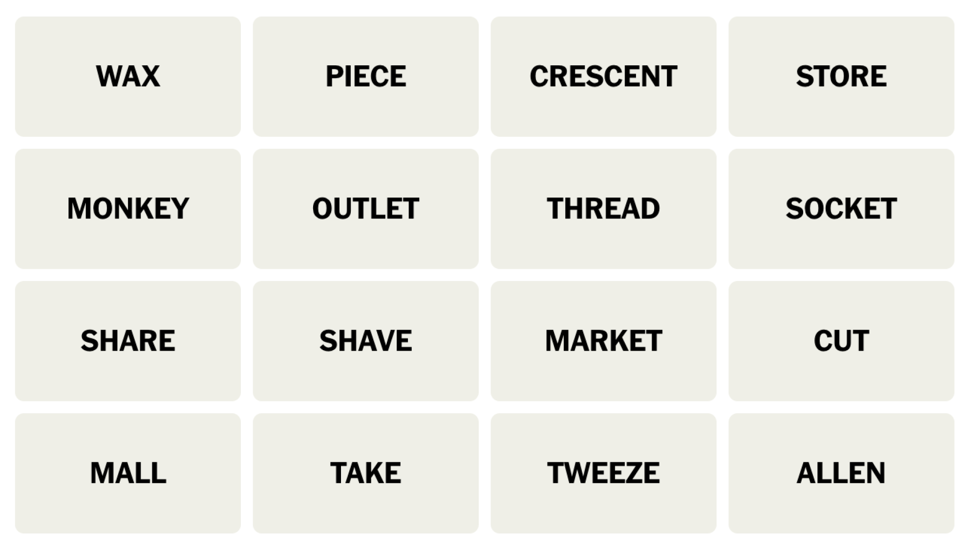 NYT Connections board for December 1, 2023: WAX, PIECE, CRESCENT, STORE, MONKEY, OUTLET, THREAD, SOCKET, SHARE, SHAVE, MARKET, CUT, MALL, TAKE, TWEEZE, ALLEN.