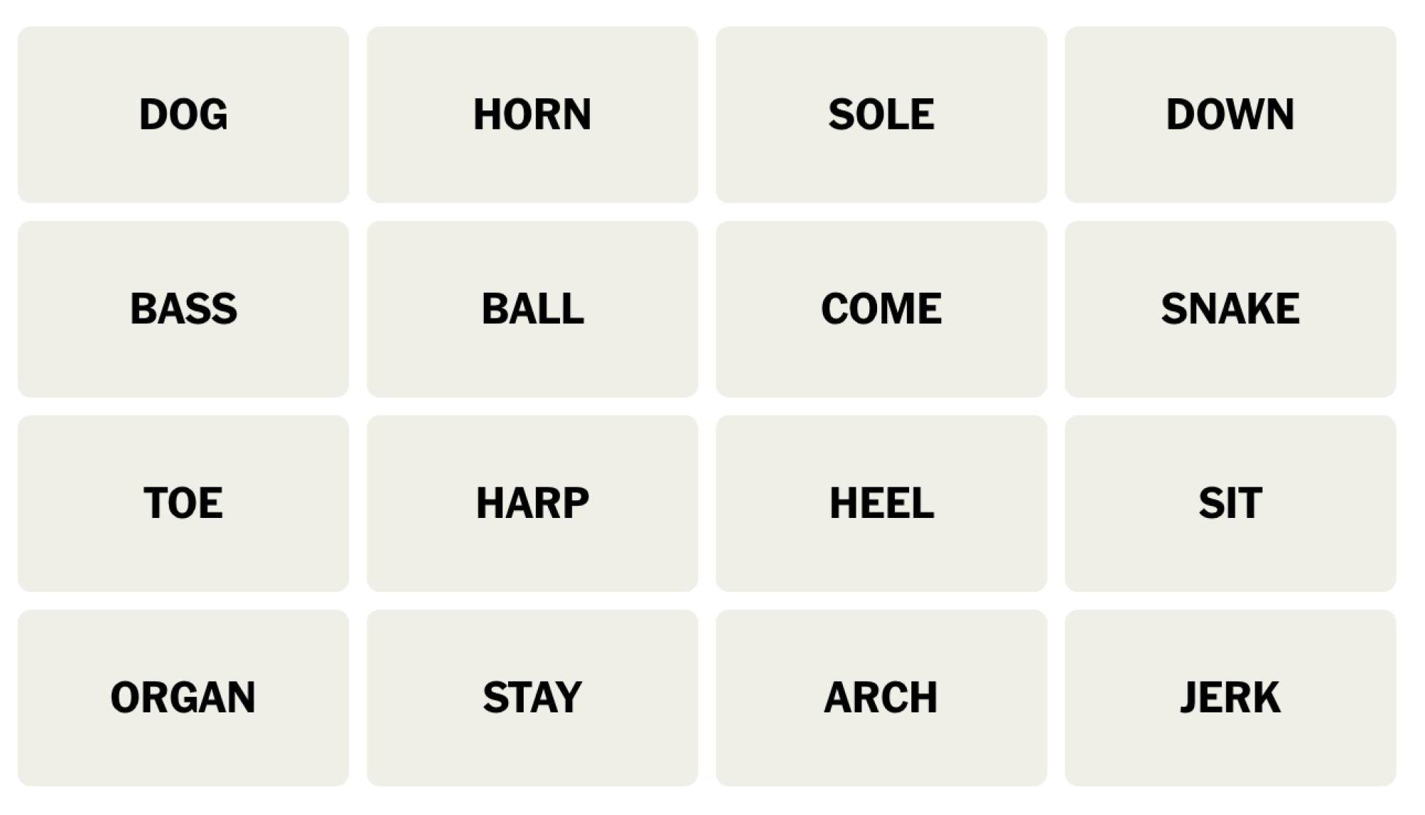 NYT Connections board for November 29, 2023: DOG, HORN, SOLE, DOWN, BASS, BALL, COME, SNAKE, TOE, HARP, HEEL, SIT, ORGAN, STAY, ARCH, JERK.