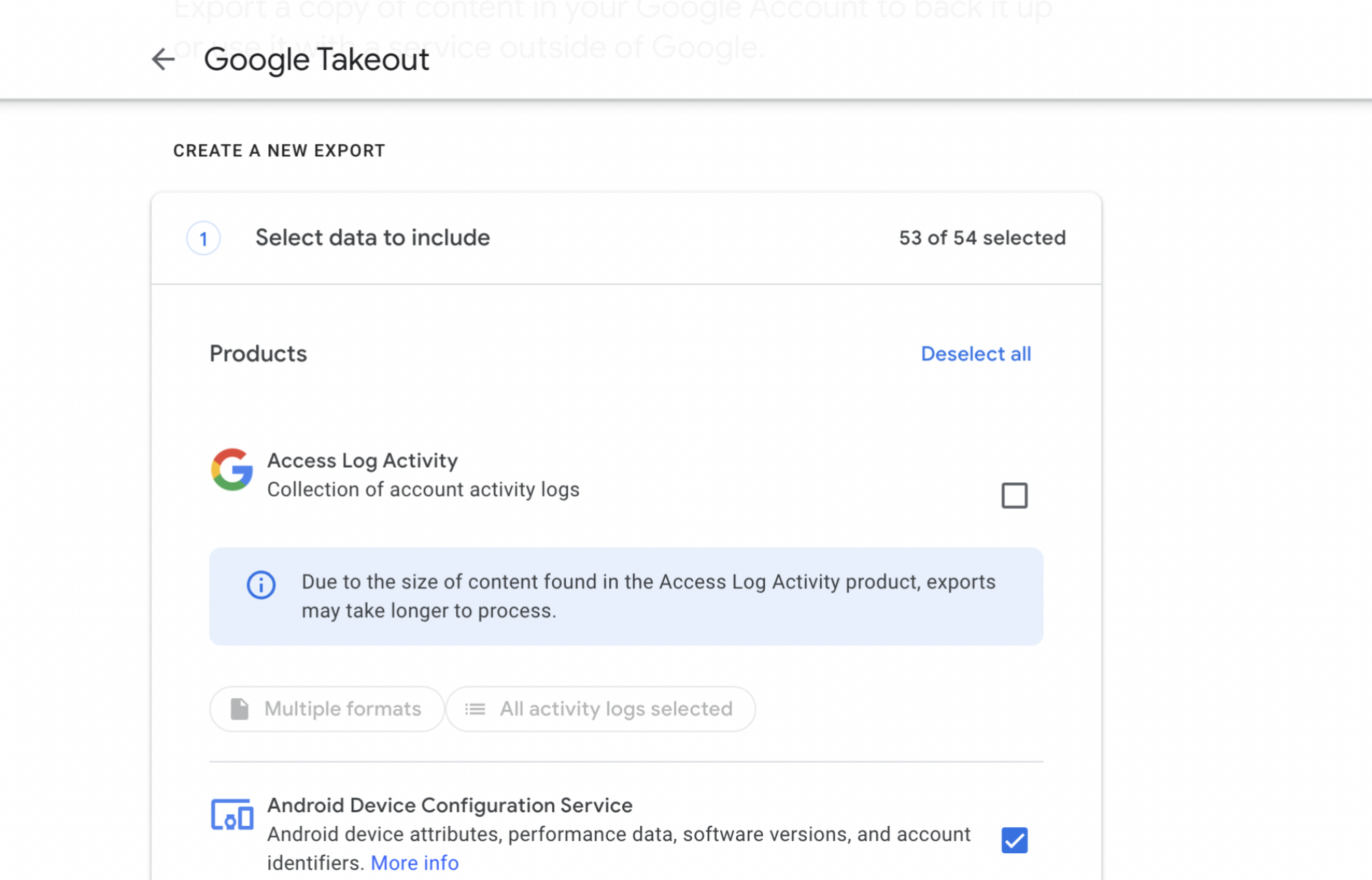 Screenshot of Google Takeout
