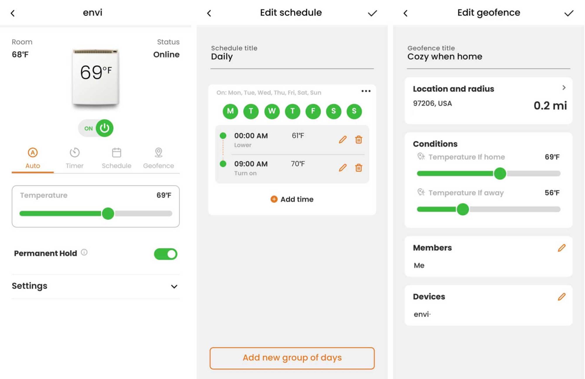 Screenshots from the Envi app