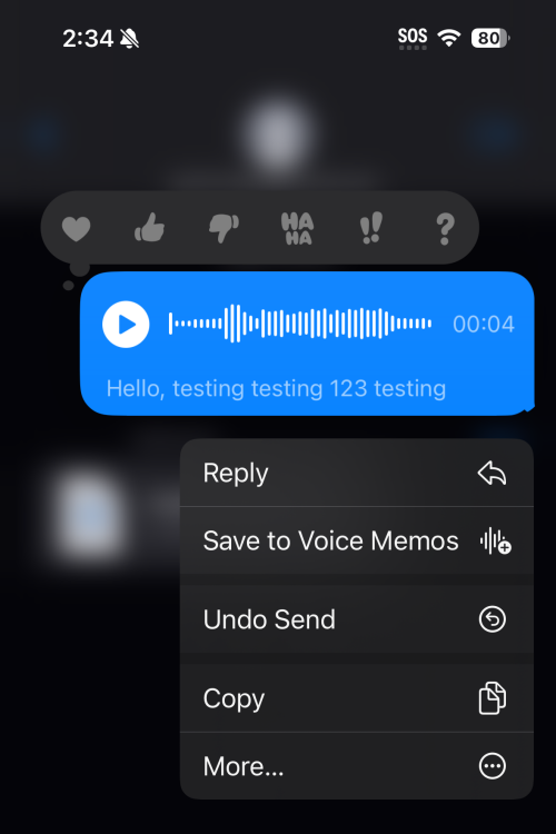 An iOS screenshot showing a transcription of a short audio message
