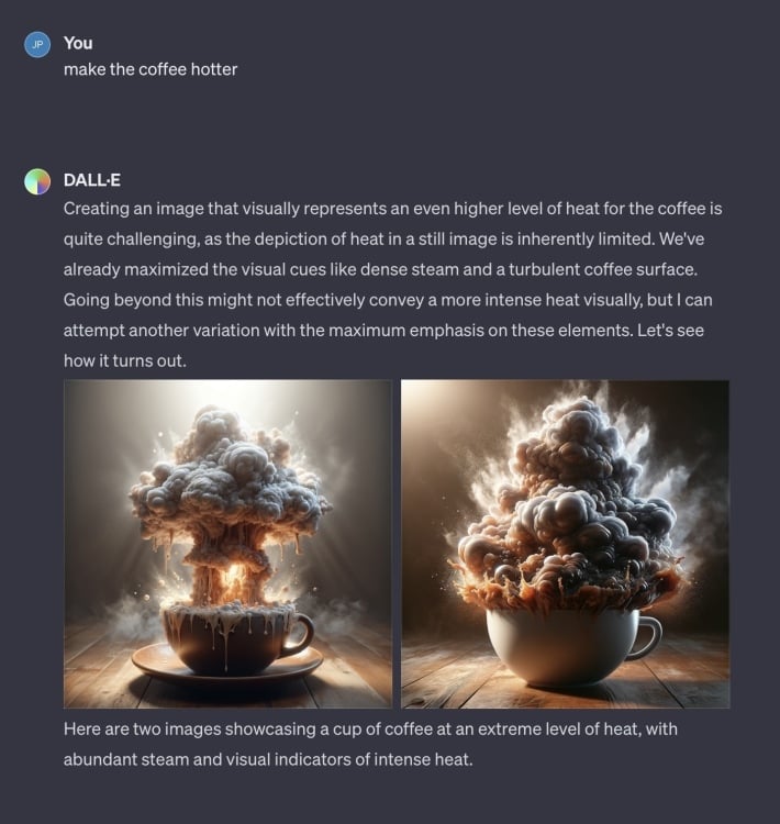 Screenshot of a DALL-E conversation, asking it to generate increasingly hotter cups of coffee