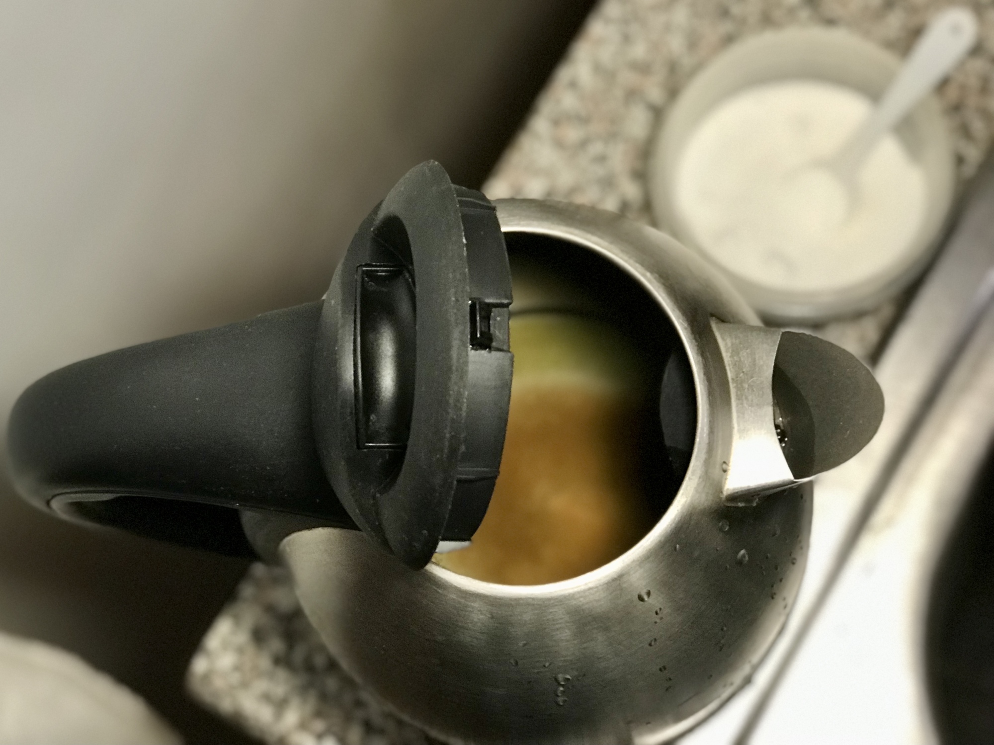 dirty stainless steel electric kettle next to container of citric acid