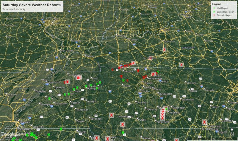 Severe weather reports from Saturday across Tennessee and Kentucky. Note the cluster of tornado reports north of Nashville.