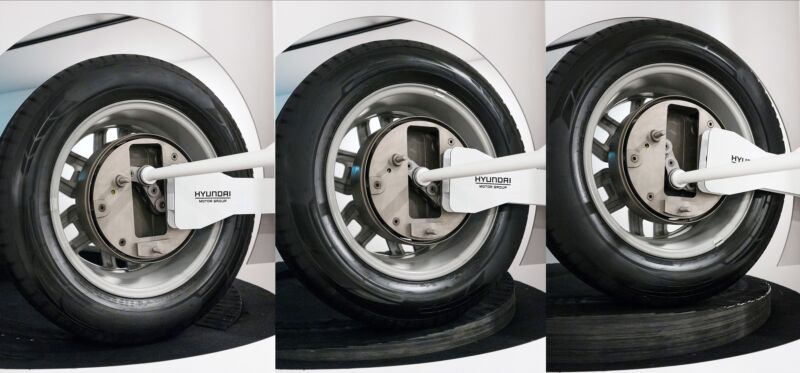 A composite image showing the uni wheel in three different stages of articulation