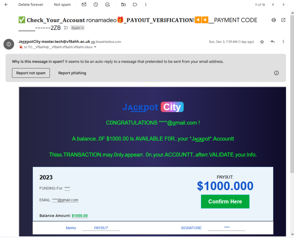 An example of "adversarial text manipulation" from my spam folder.