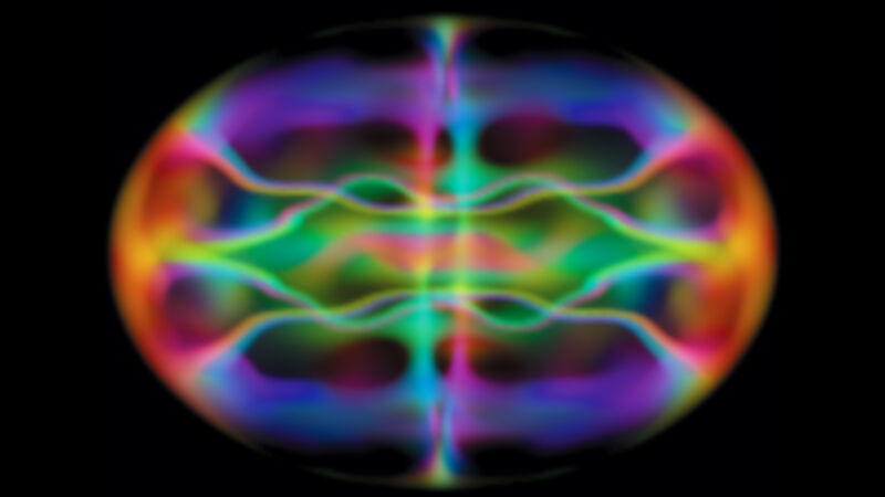 Multicolored waves spread out within a pill-shaped area.