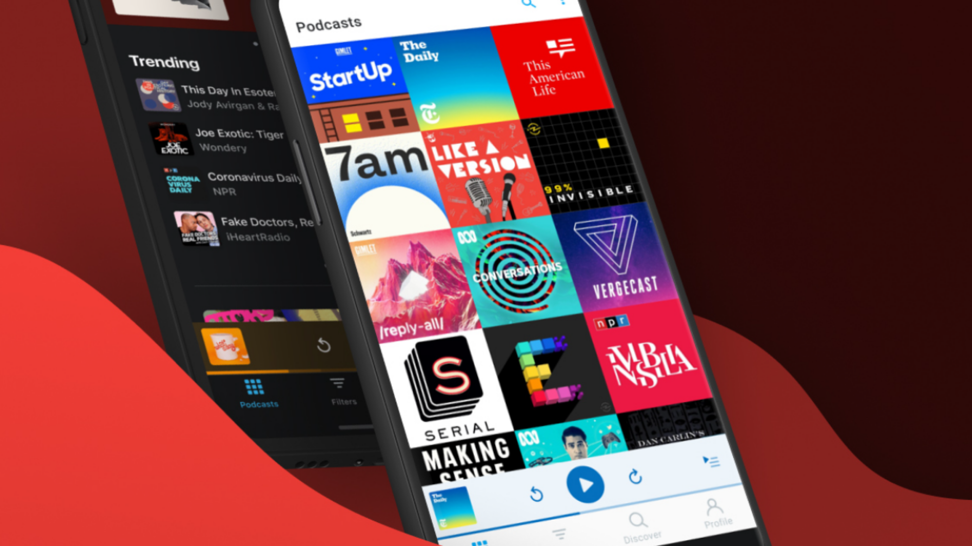 Stylized photo of PocketCasts app running on two smartphones.