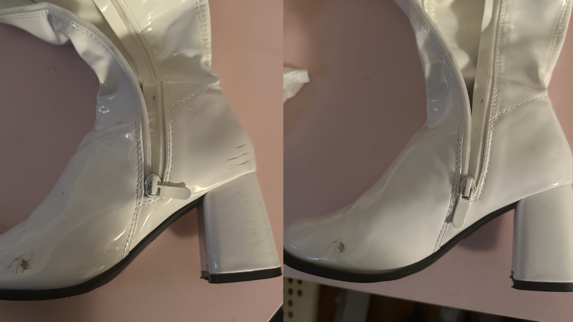 A before-and-after picture showing a scuffed white boot on the left and a clean white boot on the right