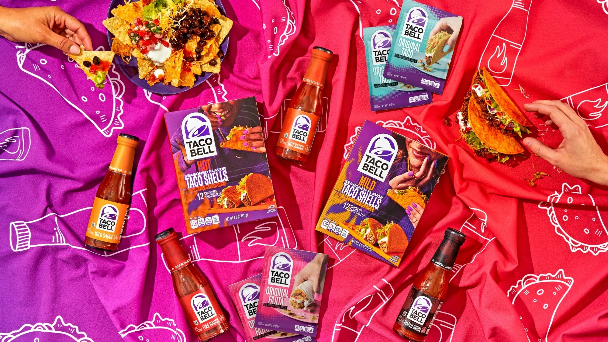 Taco Bell products on a colorful sheet.