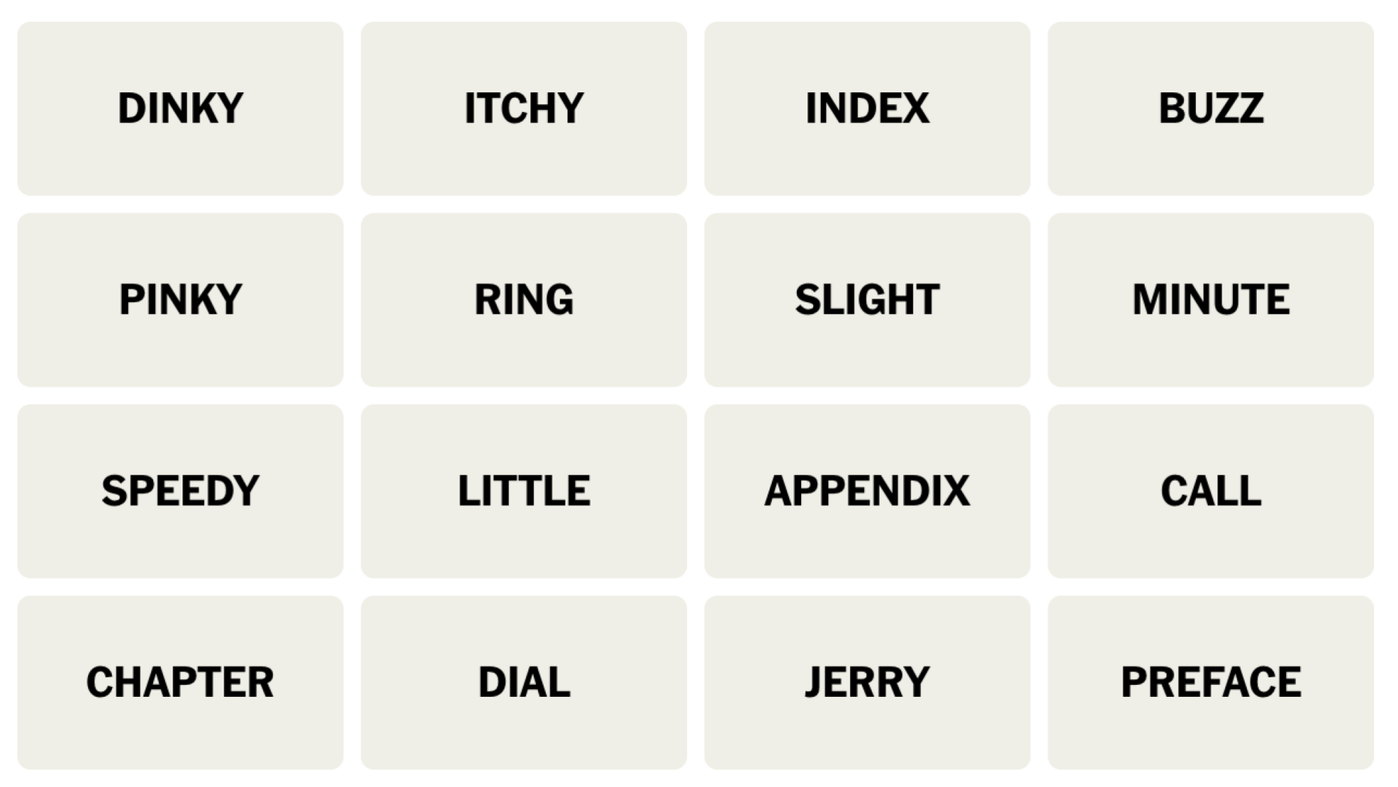 NYT Connections board for December 20, 2023: DINKY, ITCHY, INDEX, BUZZ, PINKY, RING, SLIGHT, MINUTE, SPEEDY, LITTLE, APPENDIX, CALL, CHAPTER, DIAL, JERRY, PREFACE.