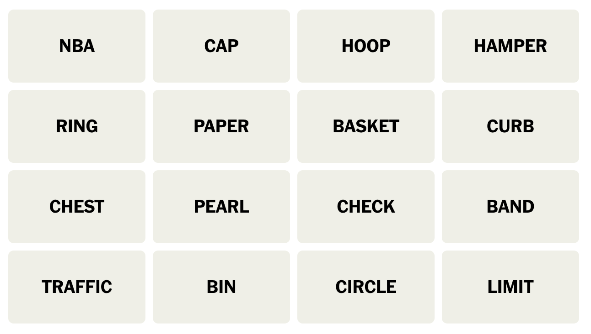 NYT Connections board for December 2, 2023: NBA, CAP, HOOP, HAMPER, RING, PAPER, BASKET, CURB, CHEST, PEARL, CHECK, BAND, TRAFFIC, BIN, CIRCLE, LIMIT.