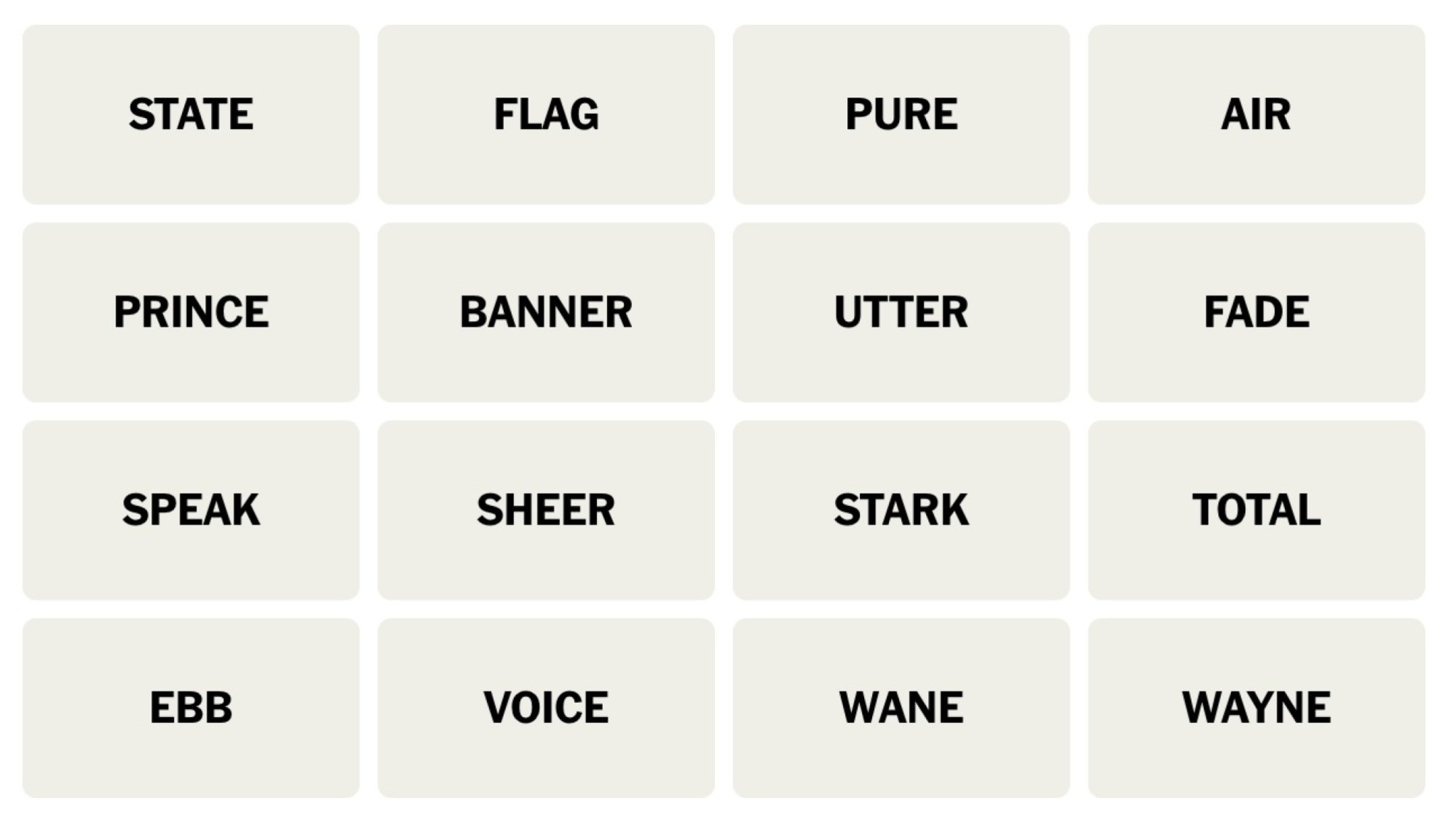 NYT Connections board for December 8, 2023: STATE, FLAG, PURE, AIR, PRINCE, BANNER, UTTER, FADE, SPEAK, SHEER, STARK, TOTAL, EBB, VOICE, WANE, WAYNE.