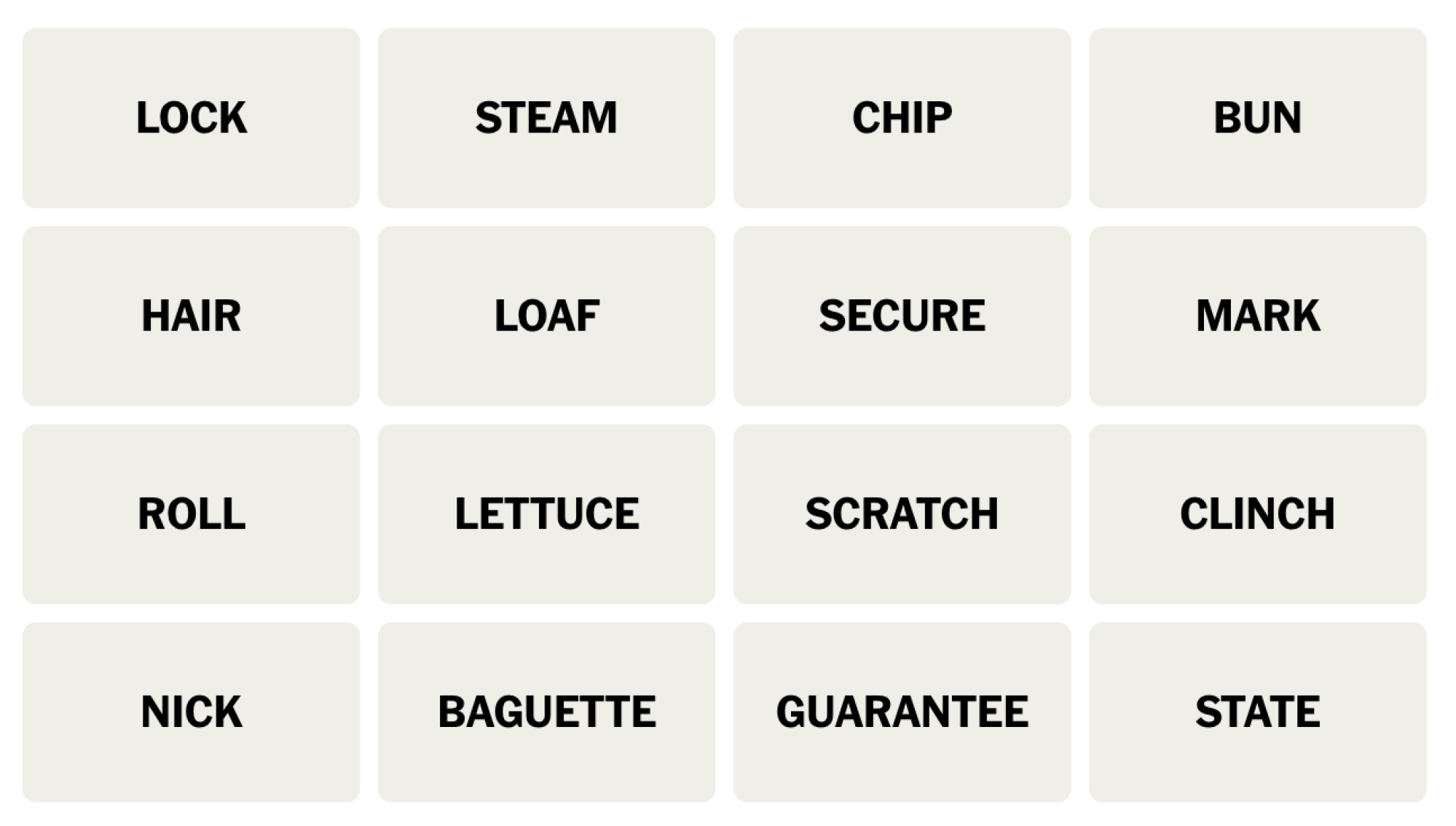 NYT Connections board for December 4, 2023: LOCK, STEAM, CHIP, BUN, HAIR, LOAF, SECURE, MARK, ROLL, LETTUCE, SCRATCH, CLINCH, NICK, BAGUETTE, GUARANTEE, STATE.