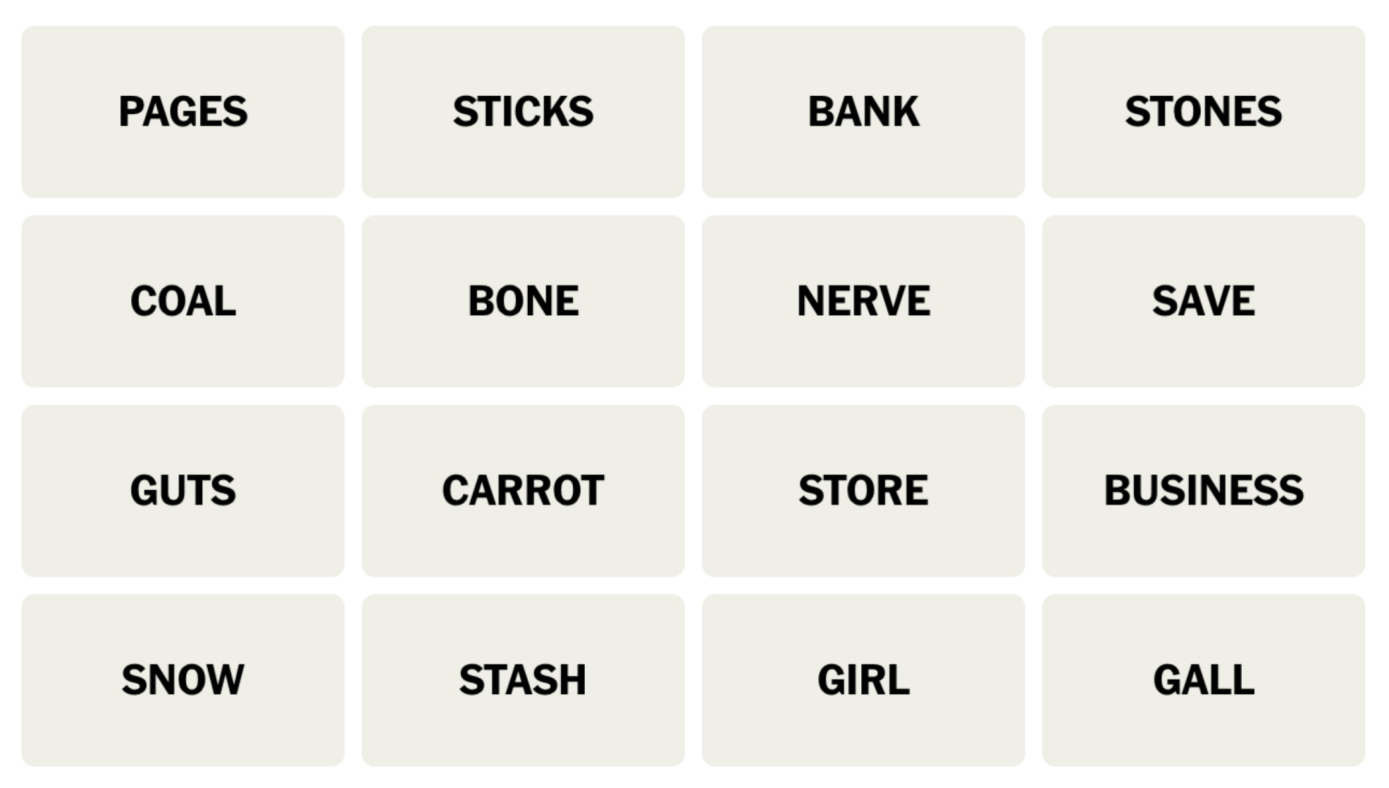 NYT Connections board for December 17, 2023: PAGES, STICKS, BANK, STONES, COAL, BONE, NERVE, SAVE, GUTS, CARROT, STORE, BUSINESS, SNOW, STASH, GIRL, CALL.