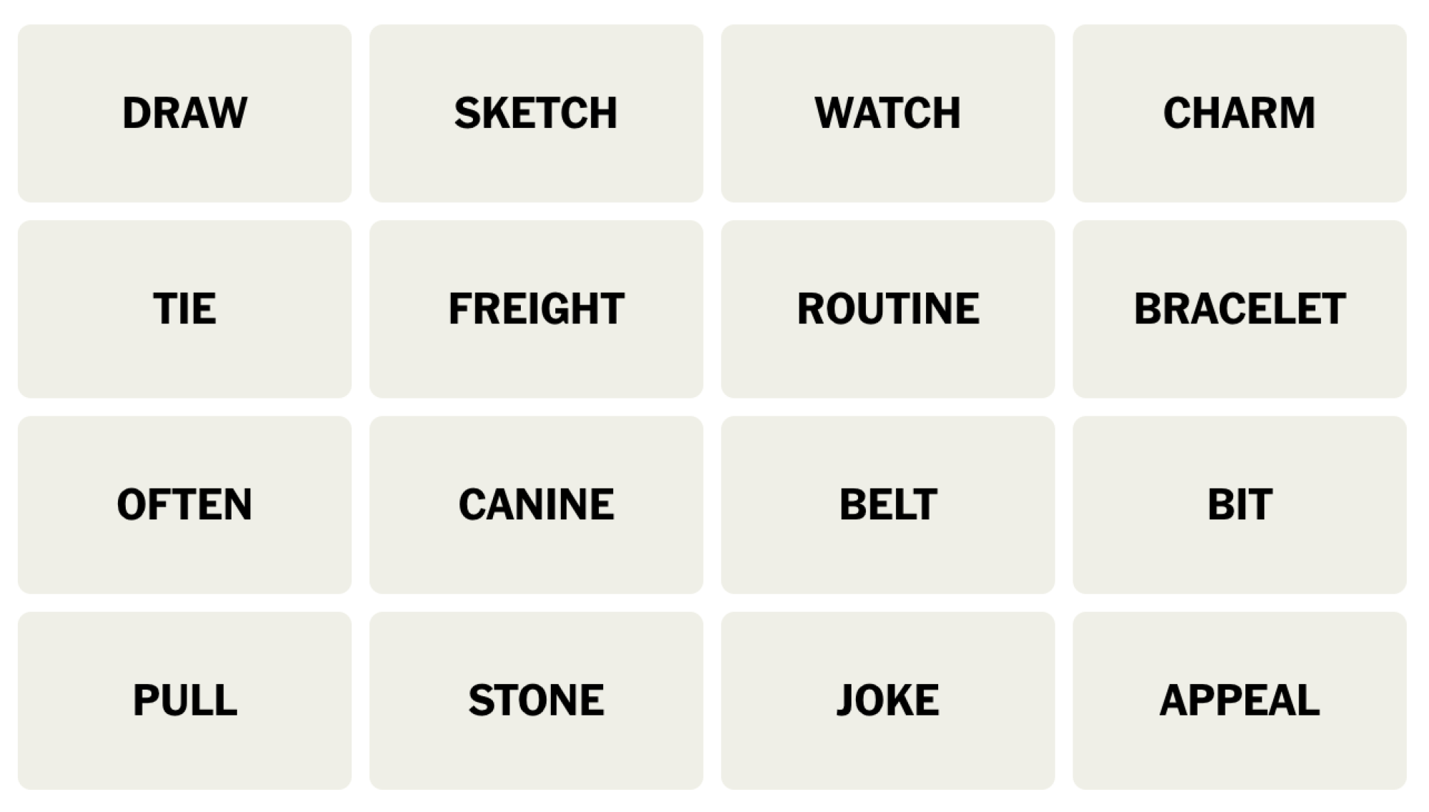 NYT Connections board for December 19, 2023: DRAW, SKETCH, WATCH, CHARM, TIE, FREIGHT, ROUTINE, BRACELET, OFTEN, CANINE, BELT, BIT, PULL, STONE, JOKE, APPEAL.