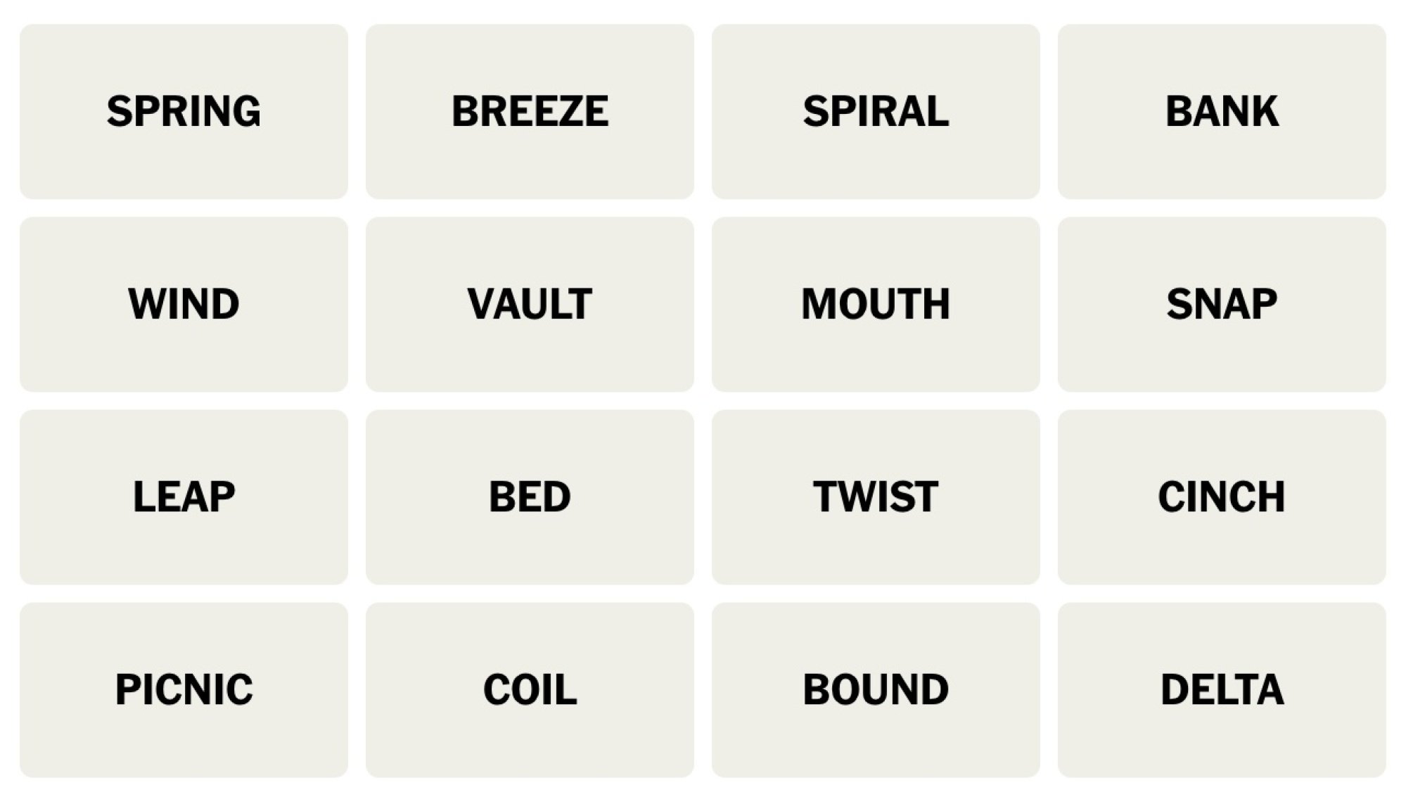 NYT Connections board for December 10, 2023: SPRING, BREEZE, SPIRAL, BANK, WIND, VAULT, MOUTH, SNAP, LEAP, BED, TWIST, CINCH, PICNIC, COIL, BOUND, DELTA.