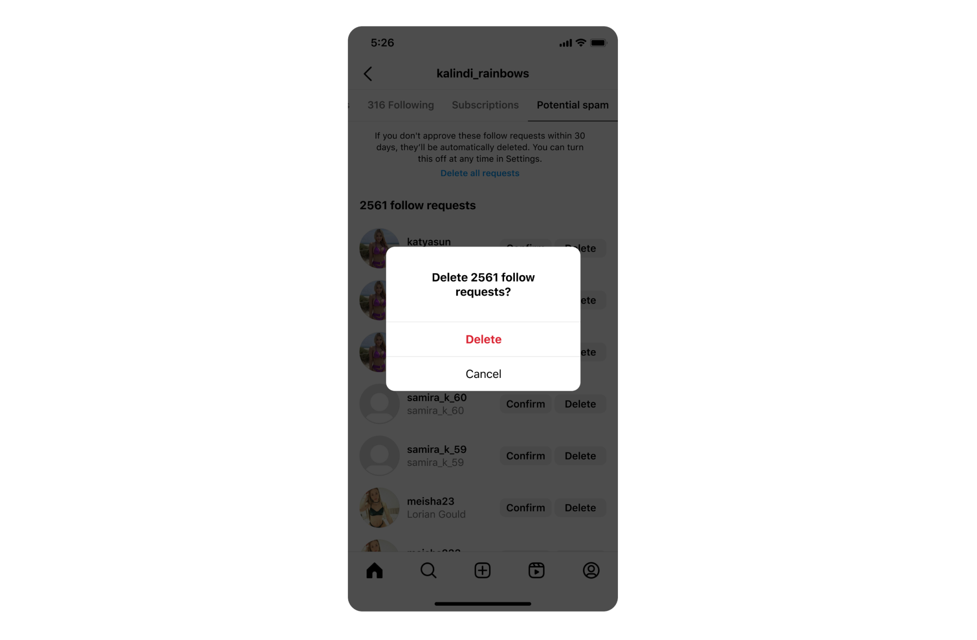 screenshot of instagram asking to delete follow invites