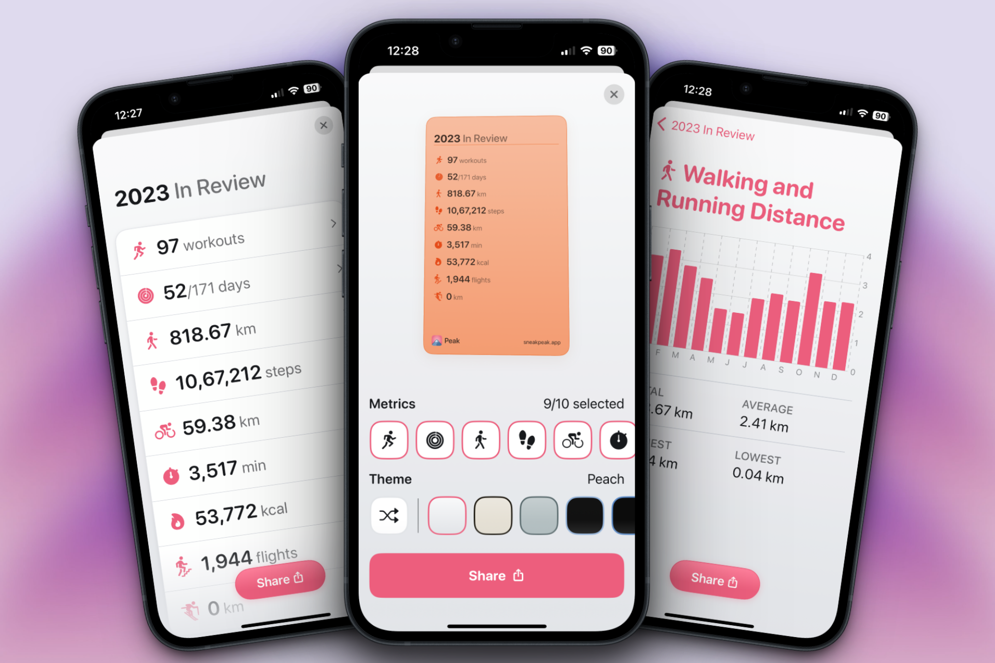 Peak app on iPhone showing graphics of Apple Watch fitness stats across the year 2023.
